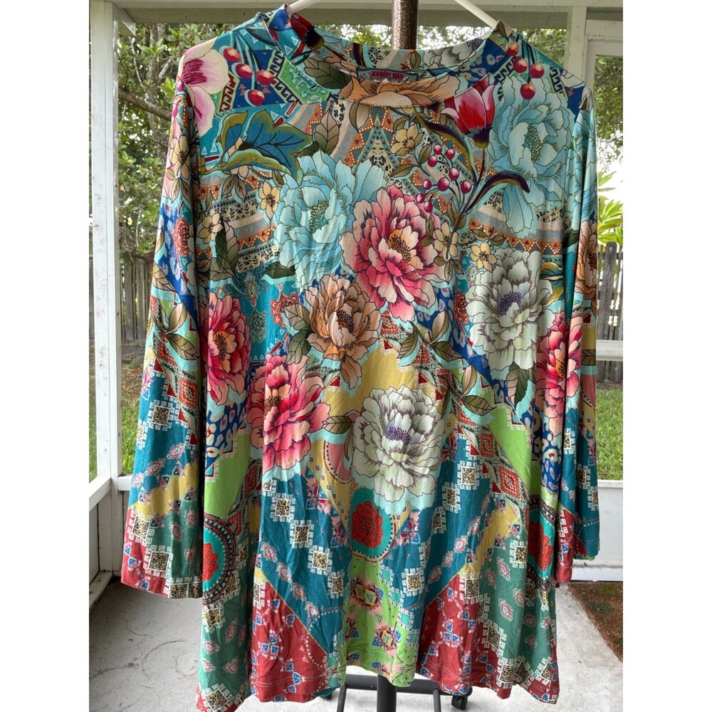 Johnny Was Prisma Kimono Sleeve Tunic Floral Bamboo Viscose Bright Soft Sz 1X